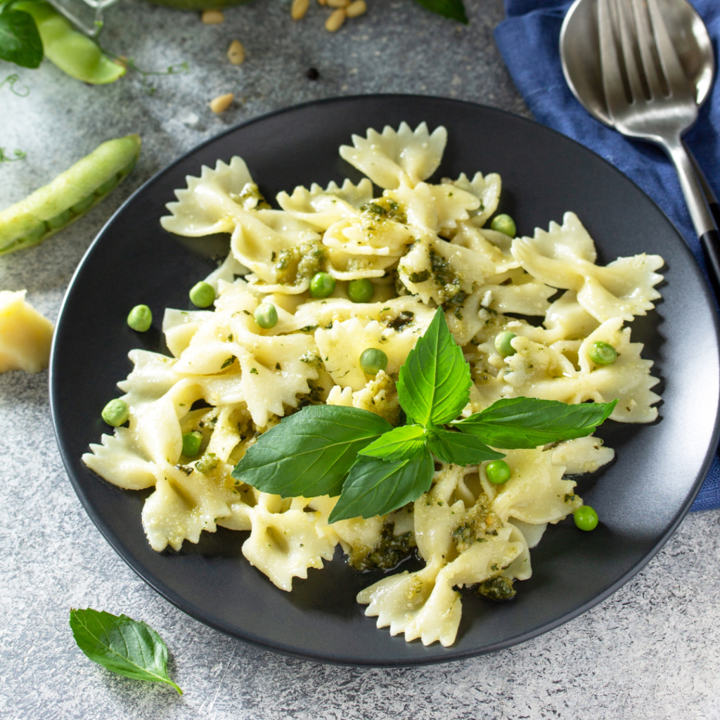 Bodacious Pasta, Pesto, Peas & Pine Nuts