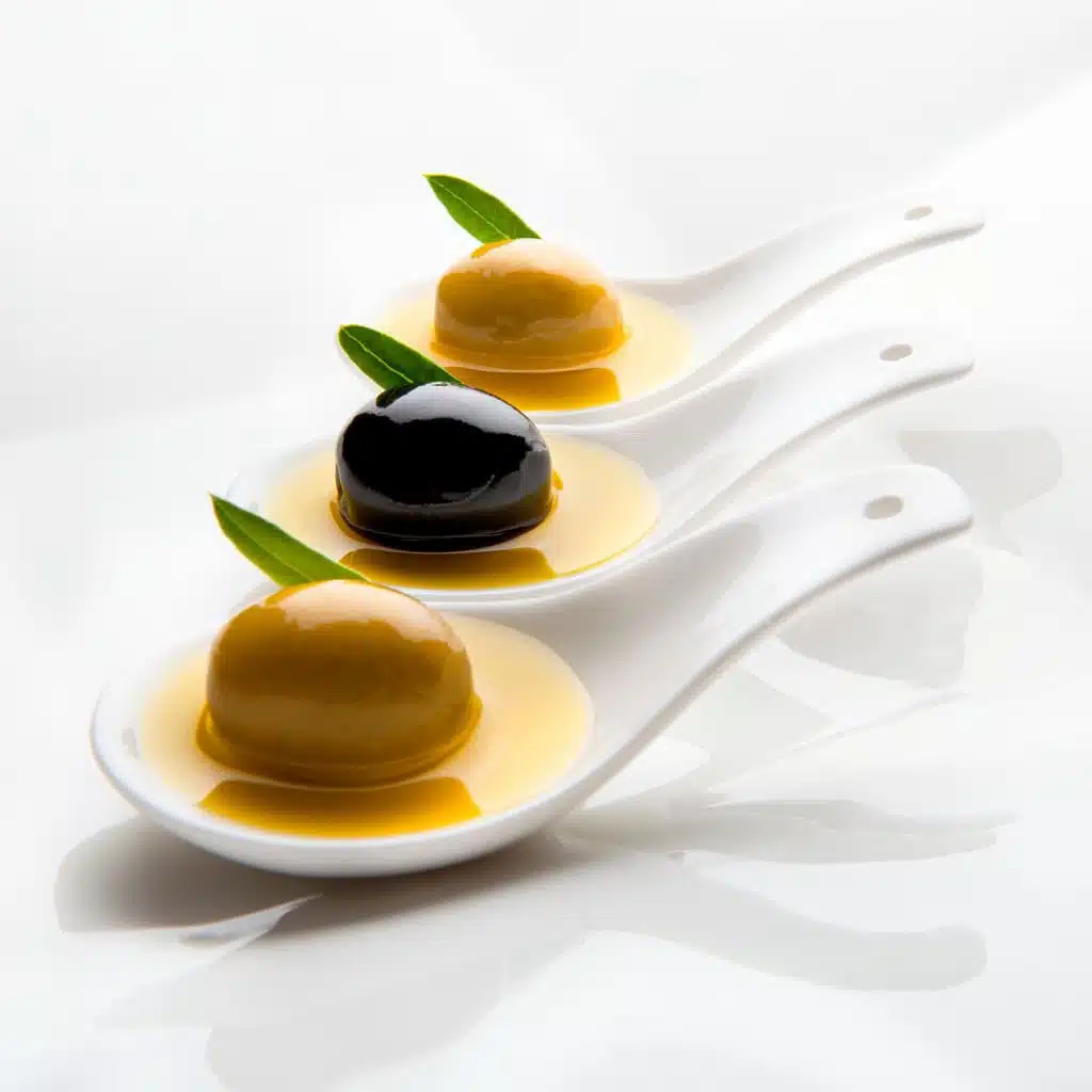 Delicious caramel and chocolate puddings with fresh green leaves on white spoons for elegant dessert presentation.
