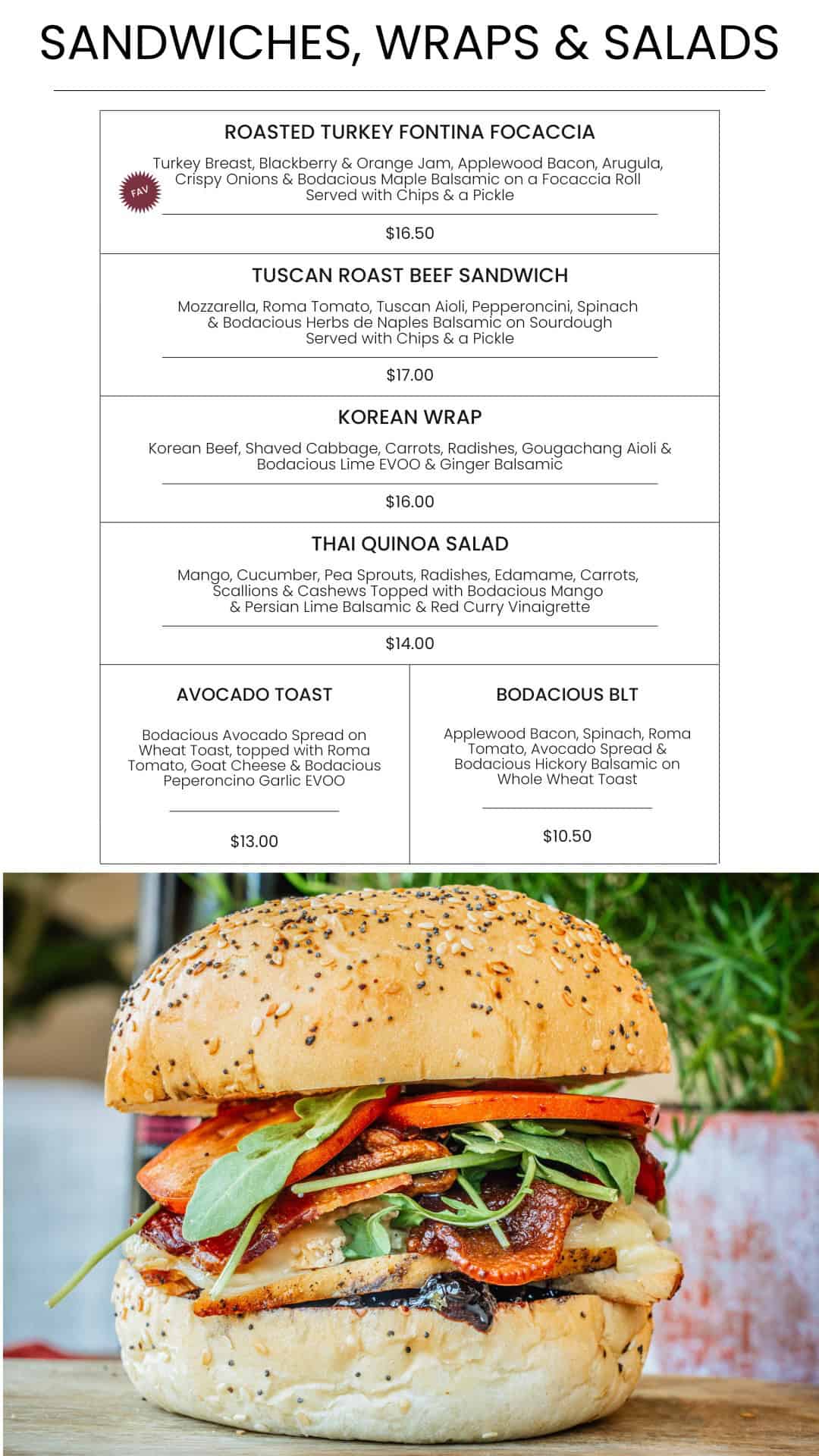Freshly made sandwich featuring roasted turkey, pineapple, orange jam, arugula, crispy onions, and maple balsamic on a toasted focaccia roll that complements Bodacious Shops’ popular deli menu.