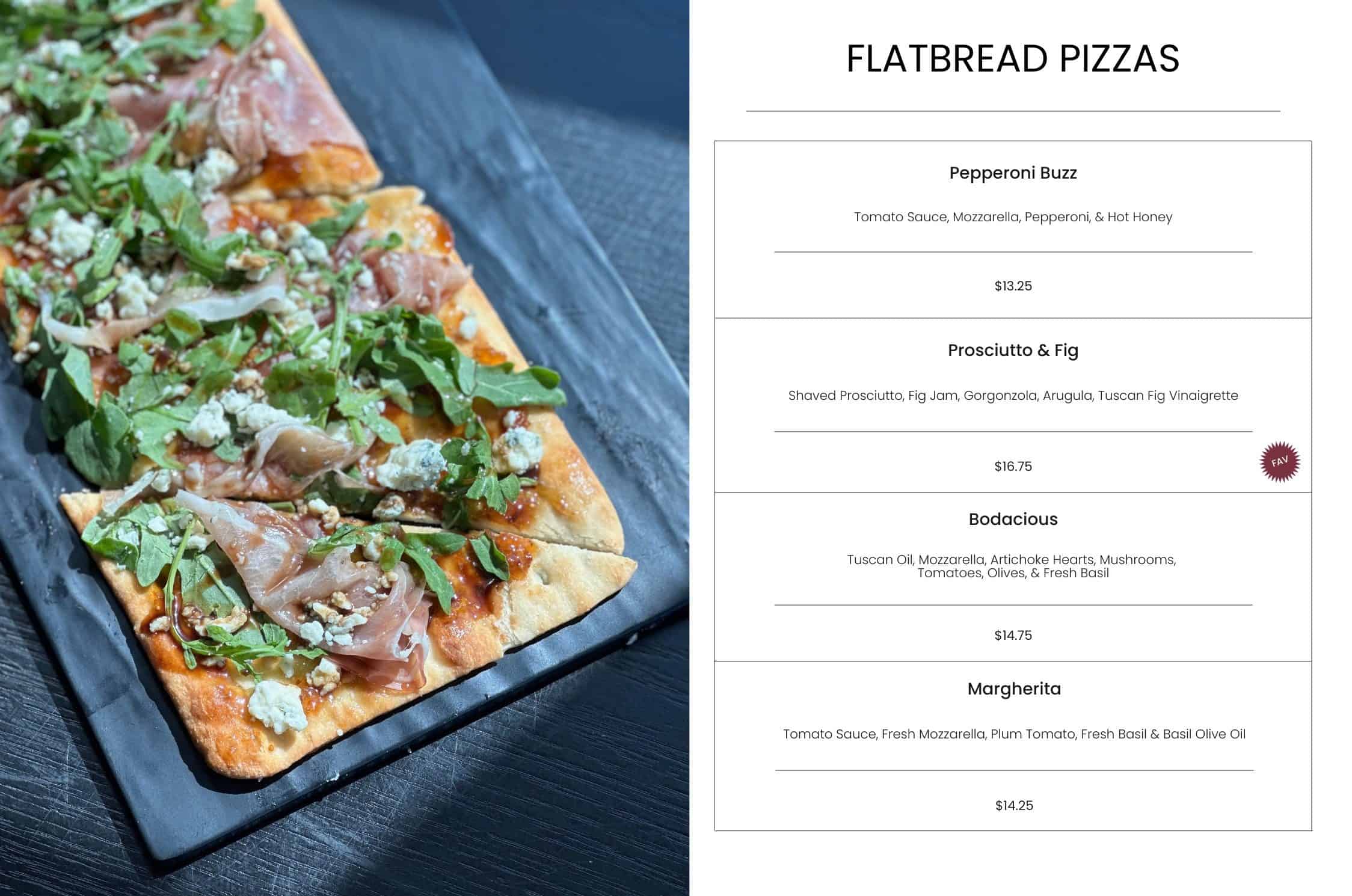 Succulent flatbread pizza topped with prosciutto, arugula, blue cheese, and fresh herbs for a gourmet dining experience.