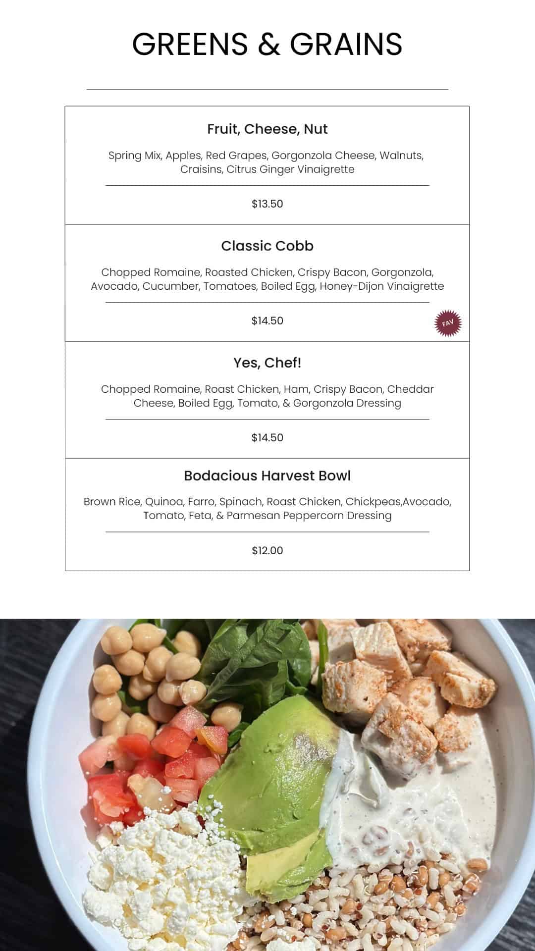 Fresh mixed greens, avocado, chickpeas, and feta in a Bodacious Harvest Bowl, served with grilled chicken, quinoa, spinach, tomato, and parmesan dressing, perfect for healthy eating and plant-based diets.