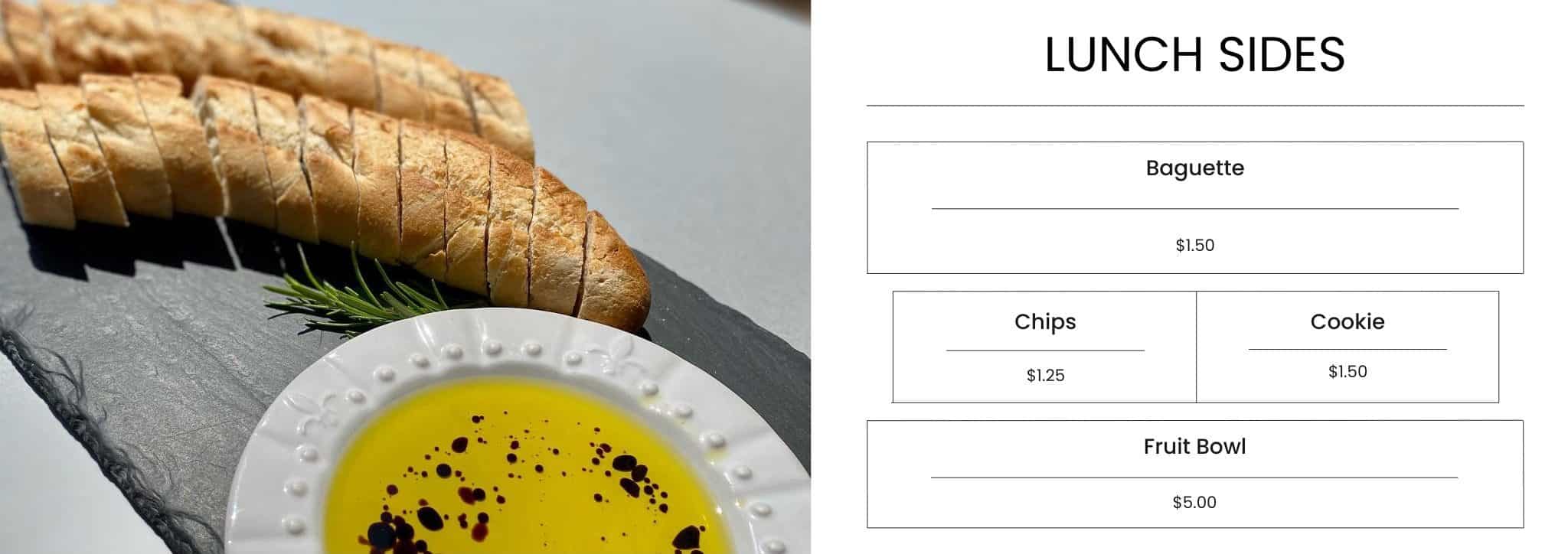 Fresh baked baguette sliced for lunch, served with olive oil and balsamic. Perfect side for meals, available at Bodacious Shops, where quality lunch sides are offered to enhance your dining experience.