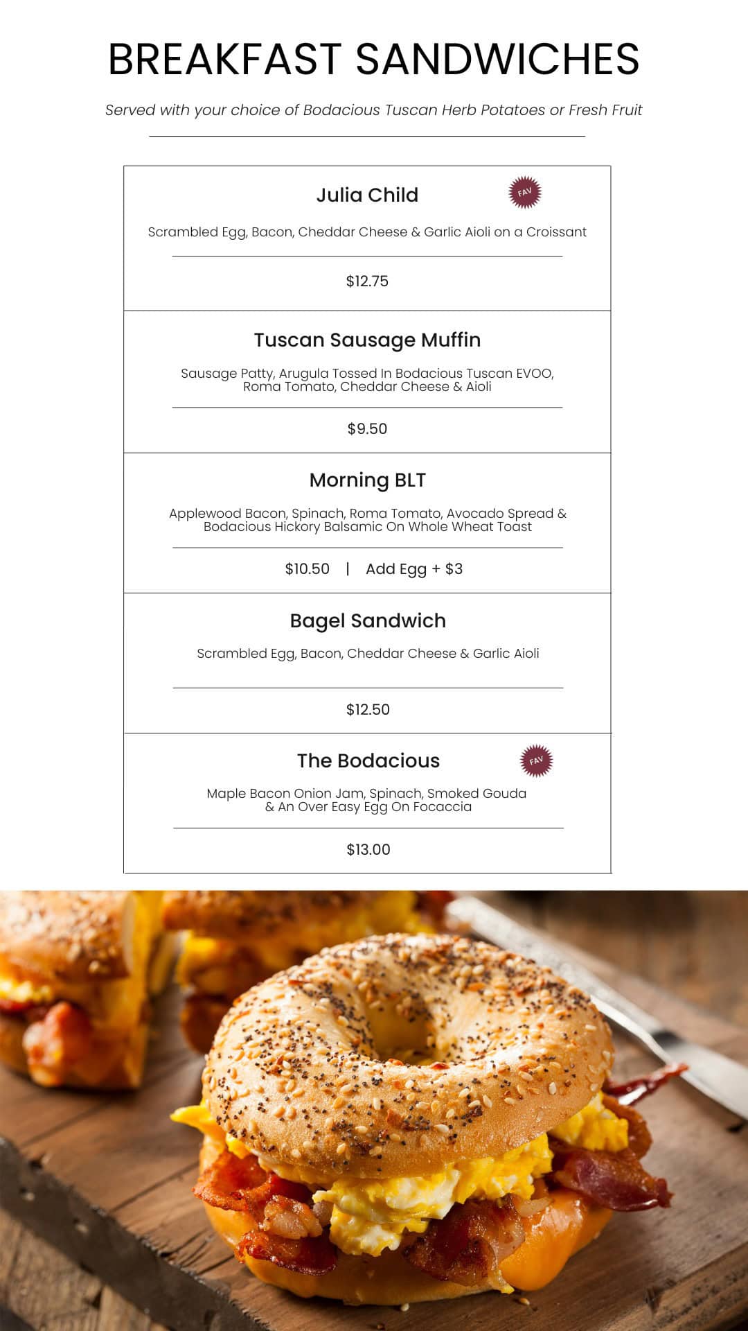 Savory breakfast sandwiches featuring bacon, eggs, and cheddar cheese on toasted bagels and focaccia, served with fresh fruit, perfect for a healthy morning meal at Bodacious Shops.