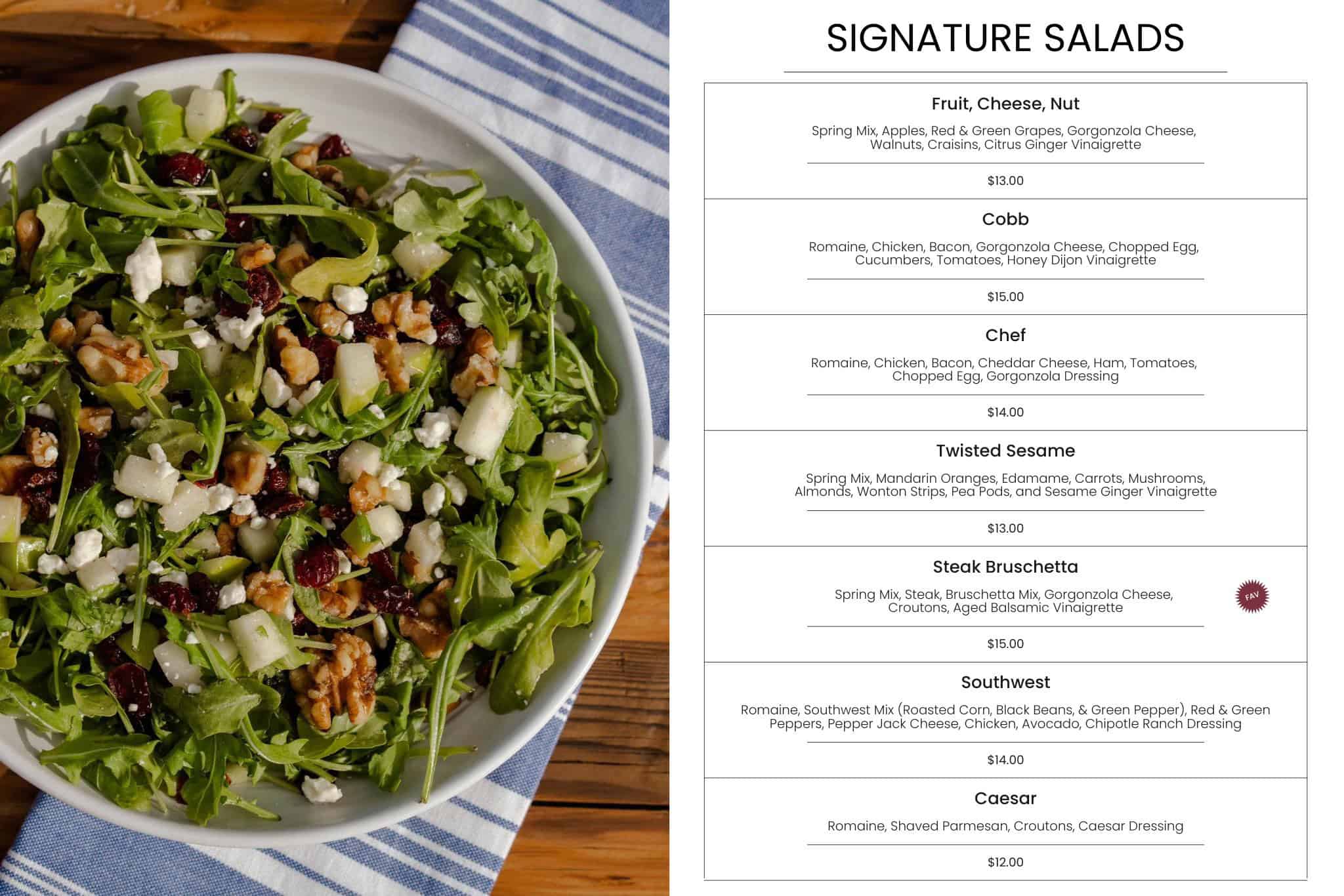 Fresh signature salad with greens, cranberries, walnuts, cheese, and diced melon, served in a white bowl for healthy dining at Bodacious Shops.