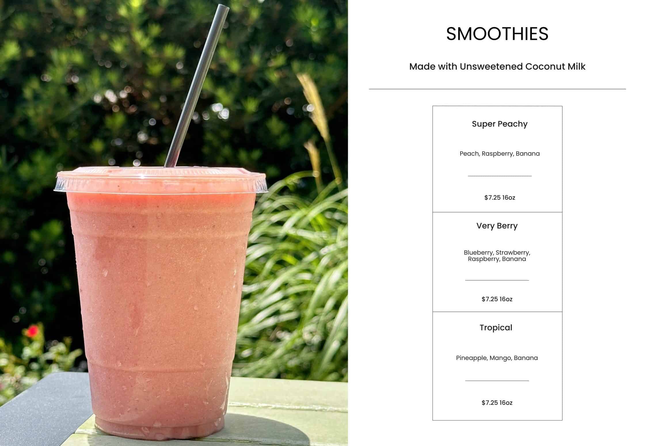 Creamy pink smoothie made with unsweetened coconut milk, served in a clear cup with a straw, outdoors.
