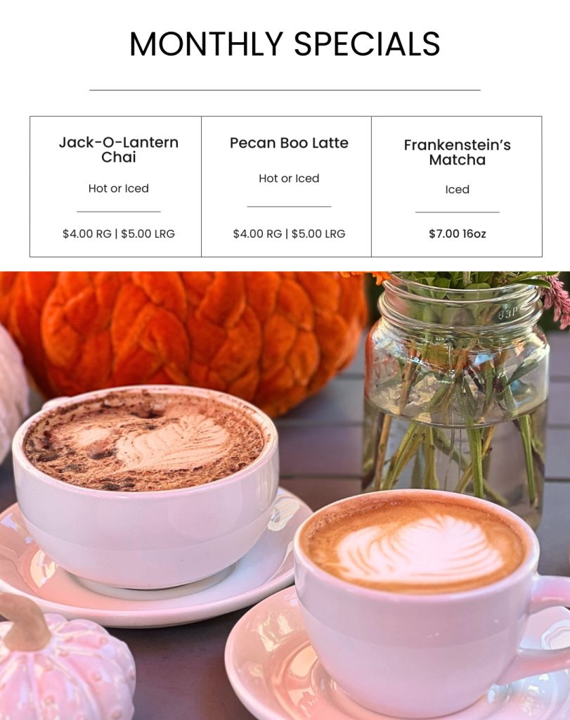 Rich autumn-themed coffee drinks with cozy vibes, featuring pumpkin decorations, perfect for fall season, available at Bodacious Shops. Ideal for those seeking seasonal coffee specials and festive flavors.