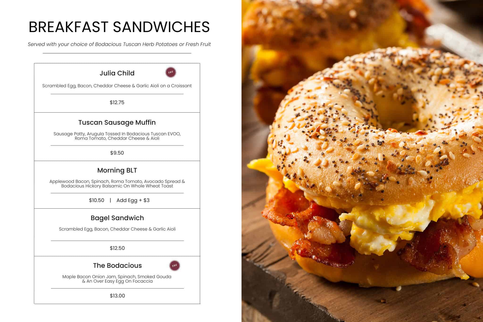 Scrambled egg, bacon, Cheddar cheese, and garlic aioli breakfast sandwich on toasted bun with poppy seeds.