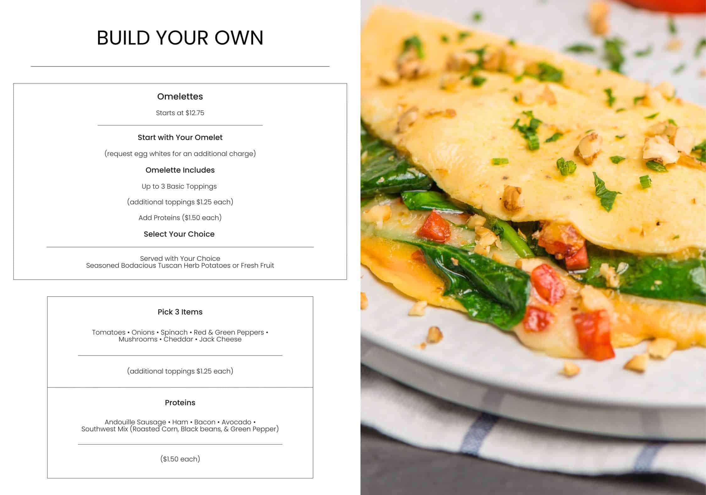 Cheese omelet with vegetables and chopped nuts, served on a plate for breakfast or brunch.