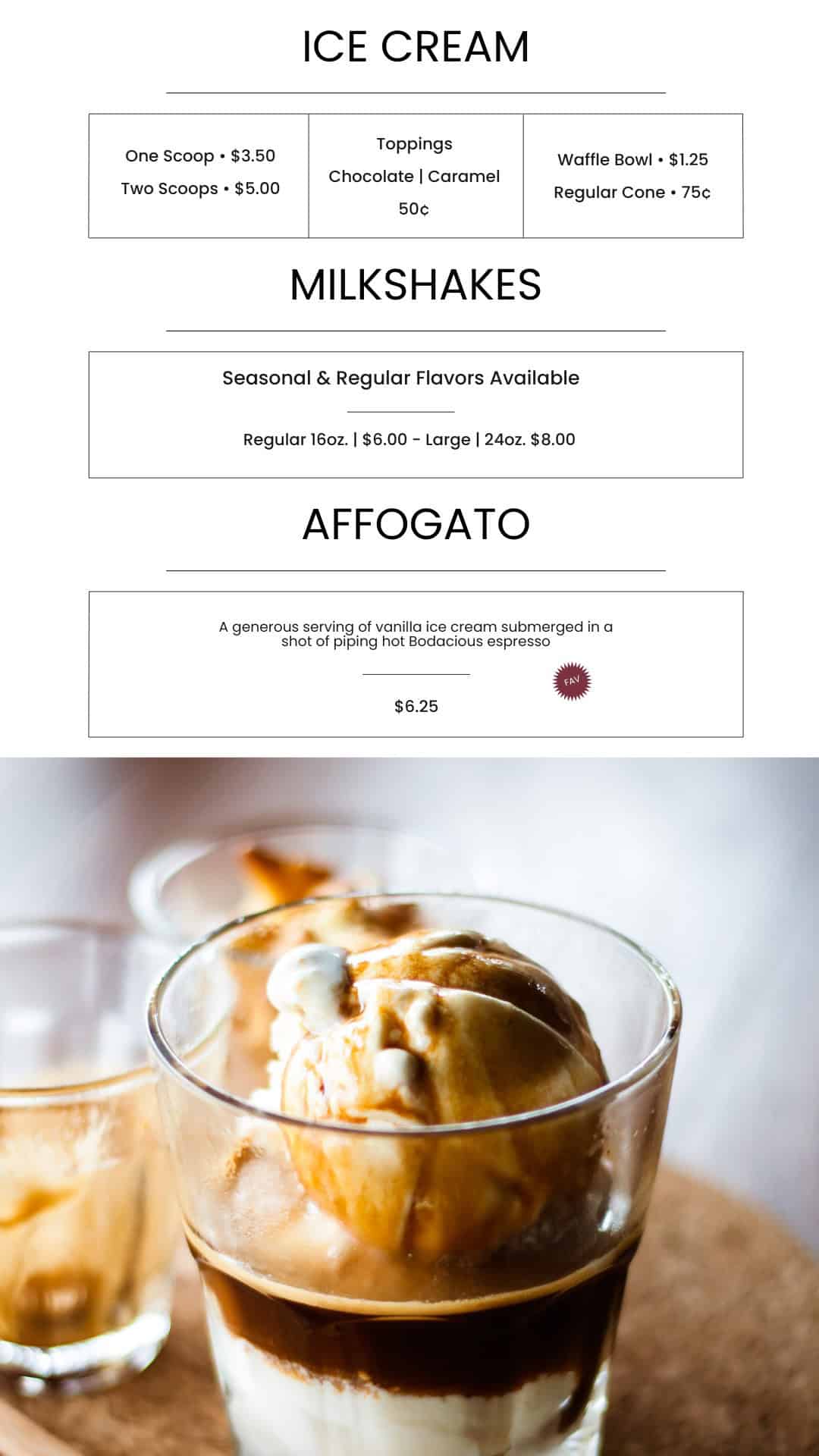 Delicious affogato coffee dessert served in a glass, featuring ice cream and espresso, perfect for coffee lovers at Bodacious Shops in Janesville.