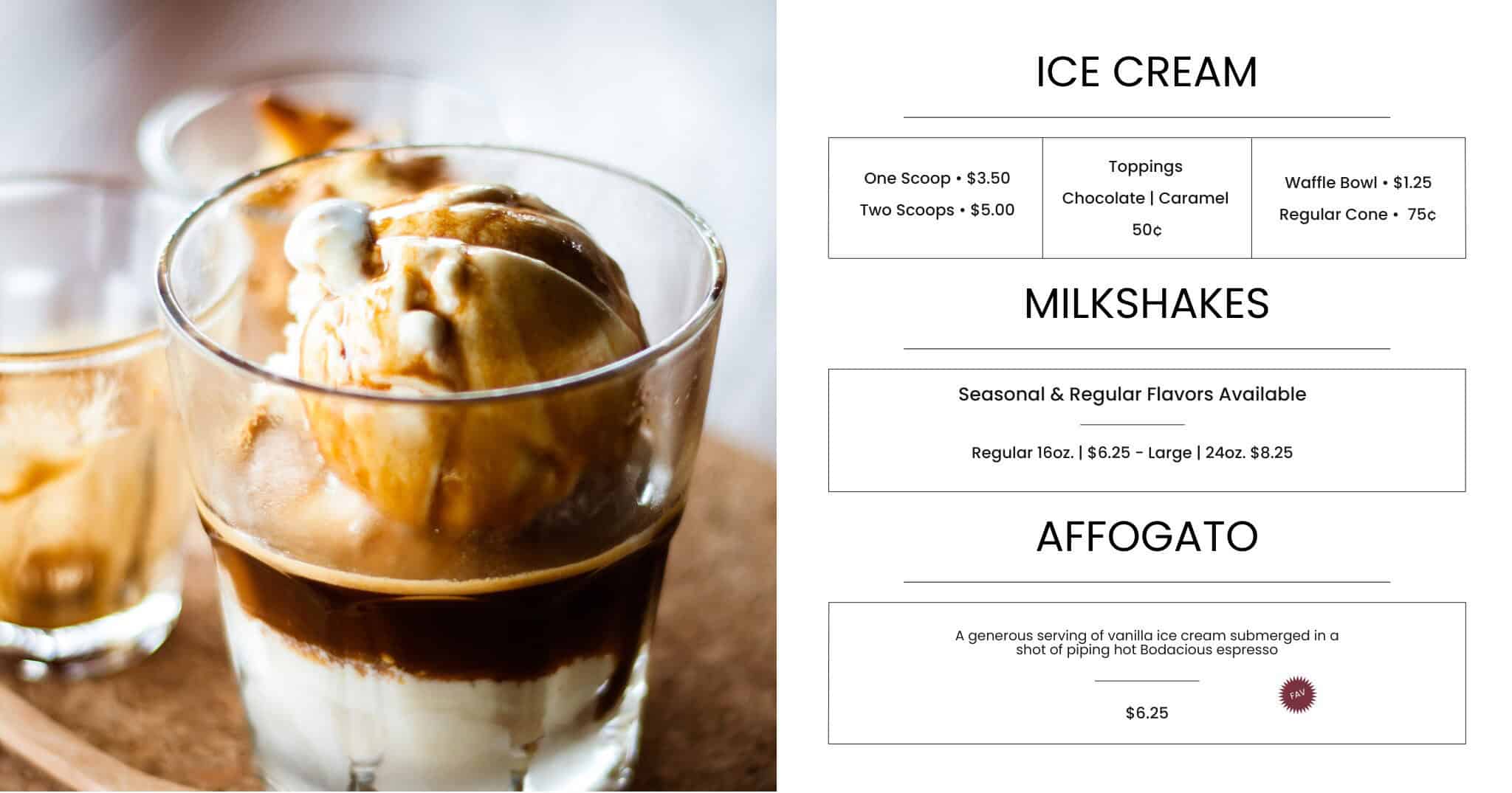 Delicious affogato featuring vanilla ice cream submerged in hot Bodacious espresso, served with optional toppings. Perfect for coffee and dessert lovers visiting Janesville café.