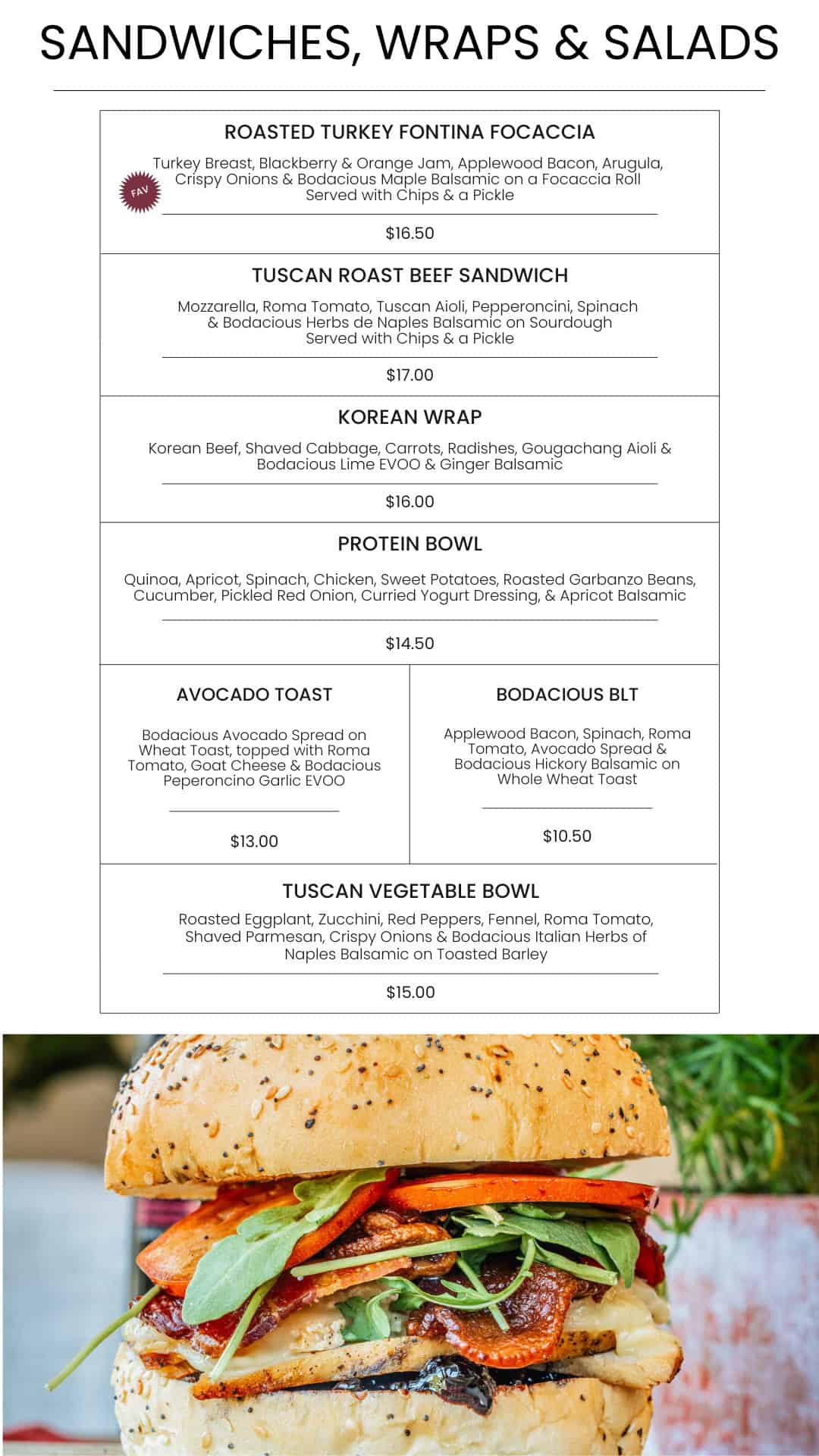 A delicious selection of sandwiches, wraps, and salads at Bodacious Shops Café in Janesville, perfect for a quick, flavorful meal. Fresh ingredients and tasty options for lunch or dinner.