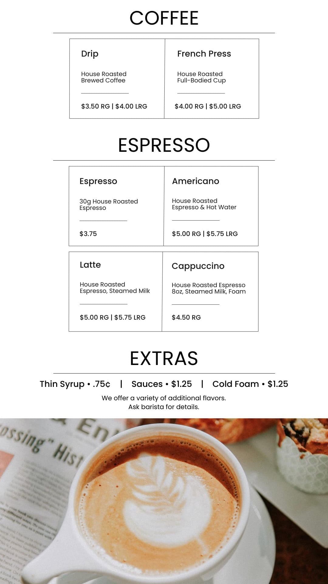 Coffee menu featuring espresso, latte, cappuccino, and French press options at Janesville Café, Bodacious Shops, highlighting fresh roasted beans and quality beverages.