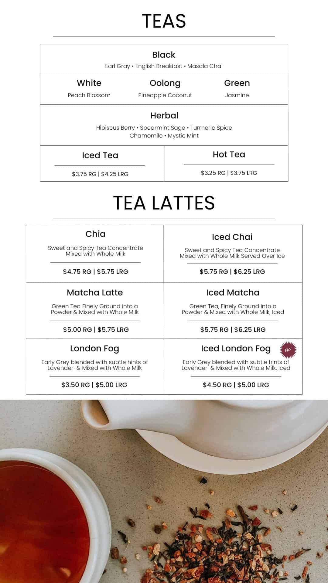 Elegant tea and coffee beverages at Bodacious Shops Café in Janesville, featuring a variety of teas, lattes, and specialty drinks perfect for a relaxing break.
