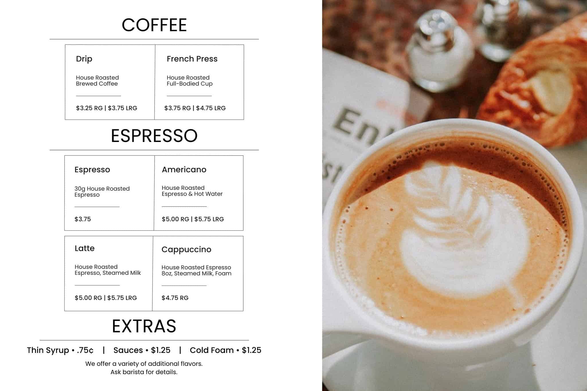 Up of a latte with latte art in a white cup, featuring a coffee menu with espresso, drip, and specialty drinks, set against a cozy café background.