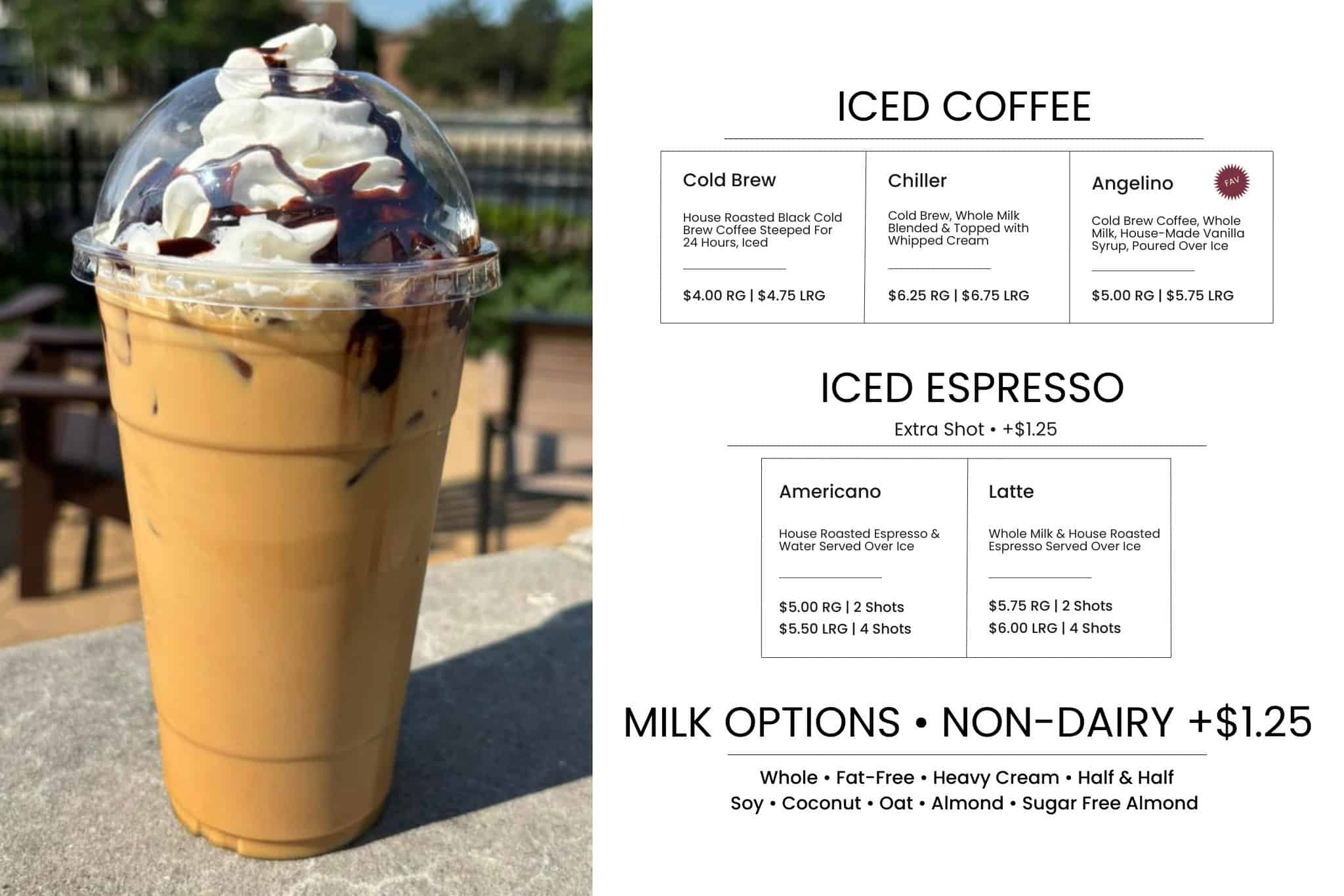 Refreshing iced coffee beverage with whipped cream and chocolate drizzle, perfect for a warm day at Bodacious Shops Café in Janesville.