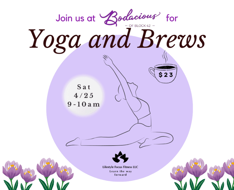 Promotional poster for Bodacious Shops' yoga and brews event featuring a yoga pose, date, time, and a coffee cup, emphasizing wellness and community engagement.