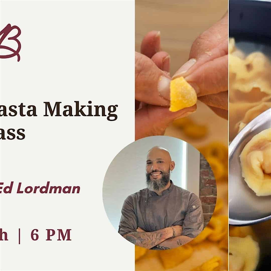 Hands shaping fresh pasta dough during a pasta making class at Bodacious Shops, featuring a smiling chef instructor and close-up of pasta dough preparation.