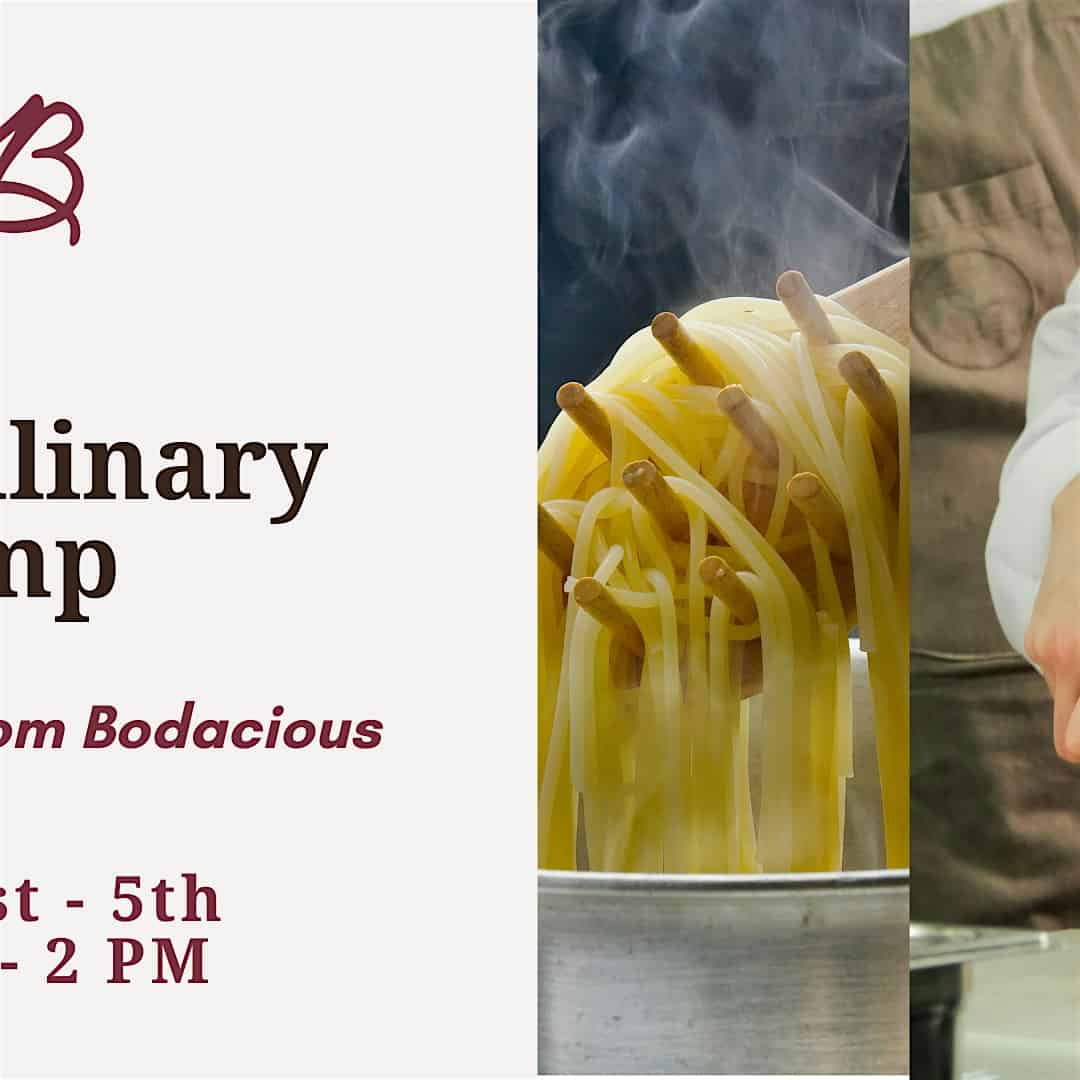 Freshly cooked pasta with steam rising, showcasing a culinary event at Bodacious Shops, emphasizing gourmet food, cooking classes, and local food experiences.