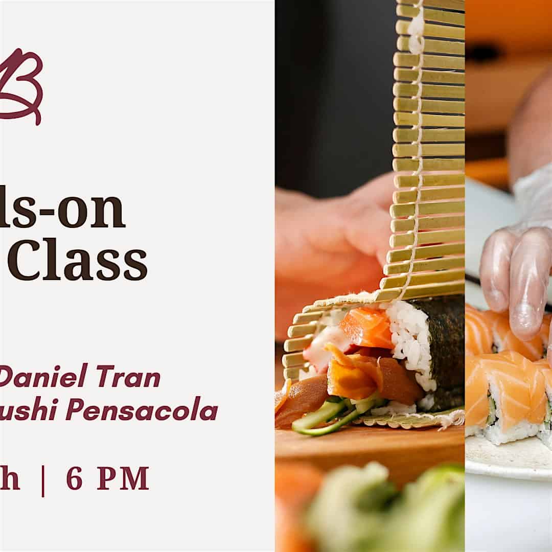 Sushi-making class at Bodacious Shops featuring fresh ingredients and skilled chefs preparing sushi rolls in a vibrant, professional kitchen environment.